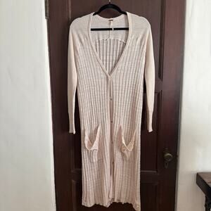 FREE PEOPLE Lightweight Cotton Ribbed Pointelle Duster Drapey Pockets Cardigan S